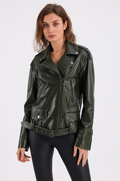 Khaki Oversize Leather Jacket