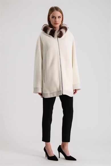 Pearl White Wool Coat with Rex Fur and Leather Trim