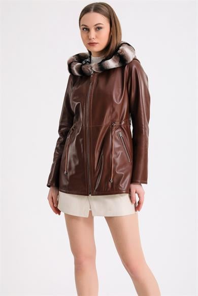 Brown Reversible Hooded Leather Coat with Rex Fur Trim