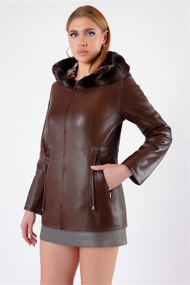 Brown Reversible Genuine Leather Jacket with Rex Fur Trim
