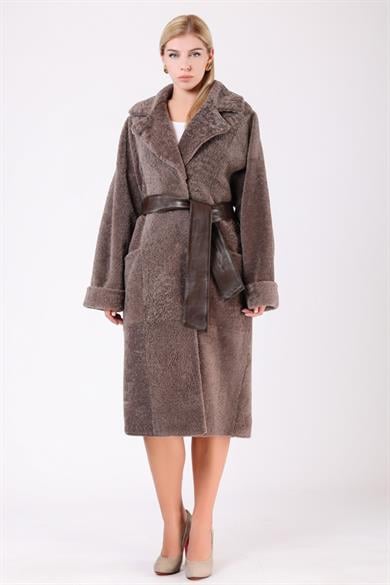 Brown Fur Coat with Leather Trim