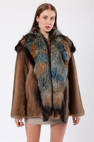 Kahve Fox Kürk Aksesuarlı Mink Kaban