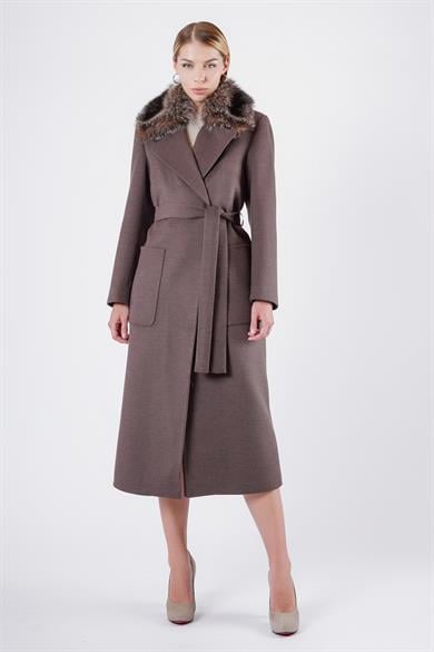 Brown Cashmere Coat with Fur Trim