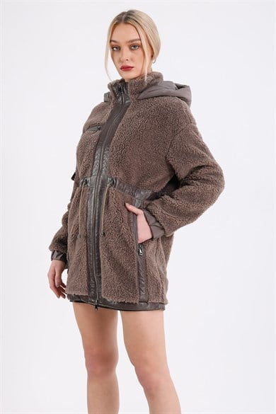 Brown Hooded Wool Coat with Lambskin Trim