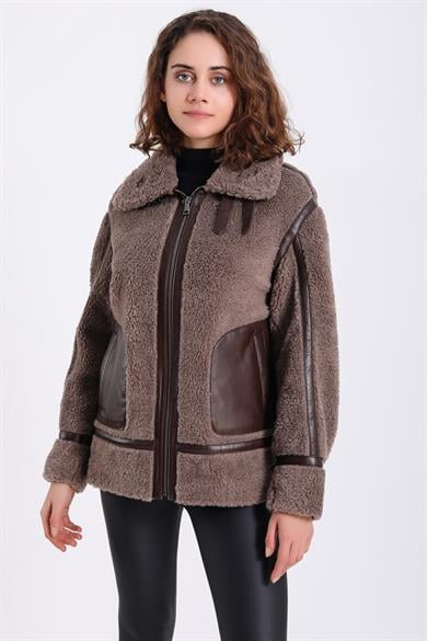 Brown Wool Coat with Lambskin Trim