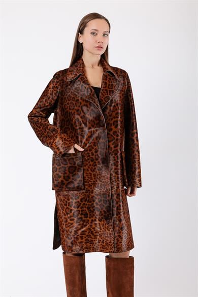 Brown Leopard Print Genuine Leather Coat