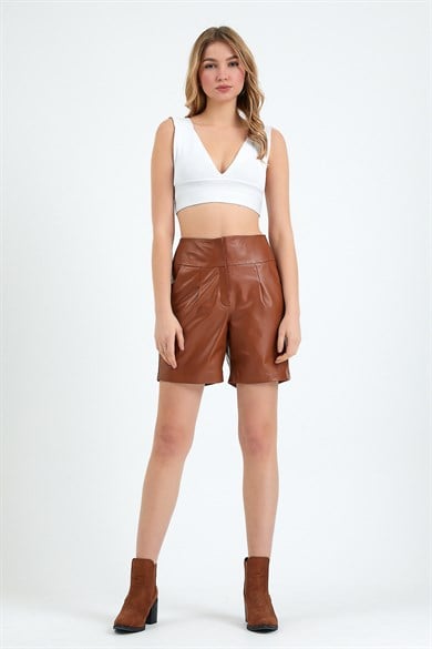 Kahve Regular Fit Deri Şort