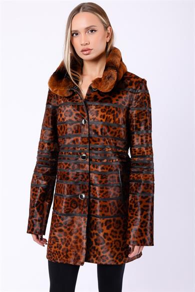 Brown Genuine Fur Coat with Rex Trim and Leopard Leather Detailing