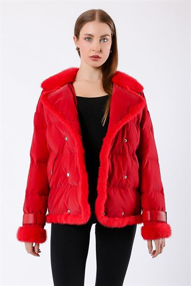 Red Puffer Coat with Mink Fur Trim
