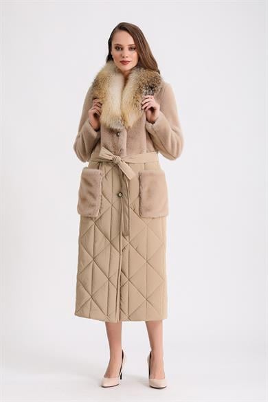 Dark Beige Alcantara Coat with Fox Fur Trim