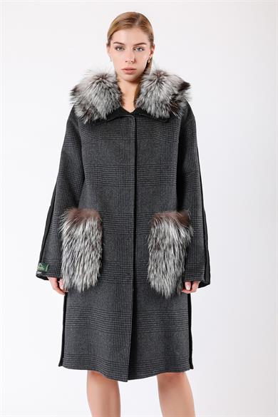 Dark Grey Plaid Alpaca Wool Coat with Fox Fur Trim