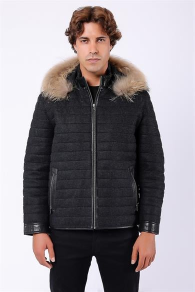 Dark Grey Cashmere Coat with Genuine Leather Trim and Fox Fur Accents