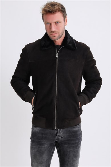 Dark Brown Pilot Suede Leather Jacket with Fur Lining