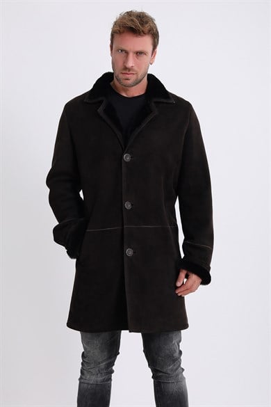Dark Brown Suede Leather Coat with Fur Lining