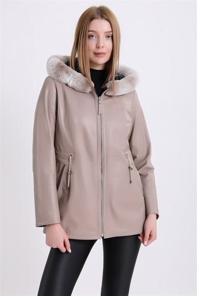 Cream Reversible Leather Coat with Rex Trim