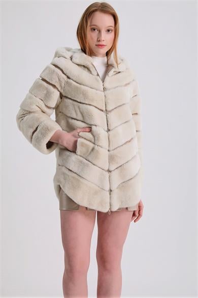 Cream Hooded Rex Fur Coat