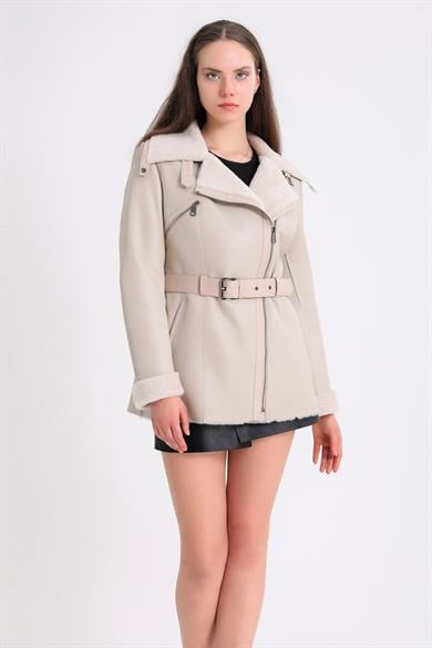 Cream Fur Coat with Lambskin Accessory
