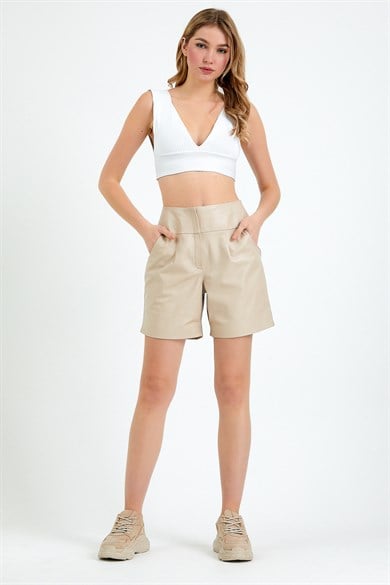 Krem Regular Fit Deri ŞortŞort