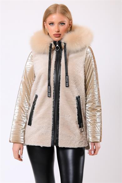 Cream Selena Wool Puffer Coat with Fur Trim