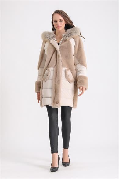 Cream Alcantara Coat with Destiny Trim and Fox Fur Accents