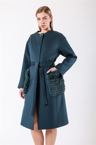 Navy Blue Cashmere Coat with Fox Fur Trim
