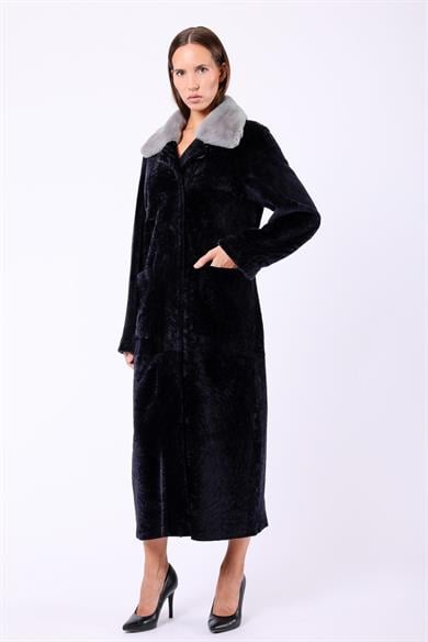 Navy Reversible Genuine Astrakhan Fur Coat with Rex Fur Trim