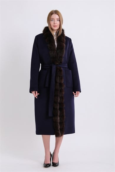 Navy Reversible Cashmere Coat with Sable Fur Trim