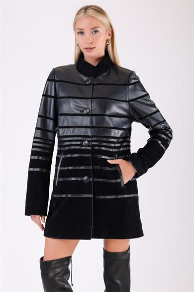Navy Genuine Leather Coat with Stripe Detail