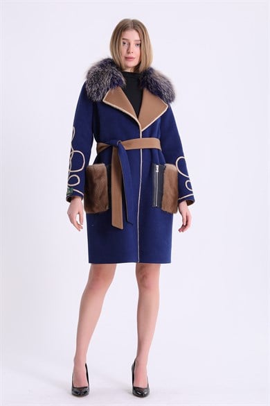 Alpaca Coat with Navy Fox Fur and Mink Trim