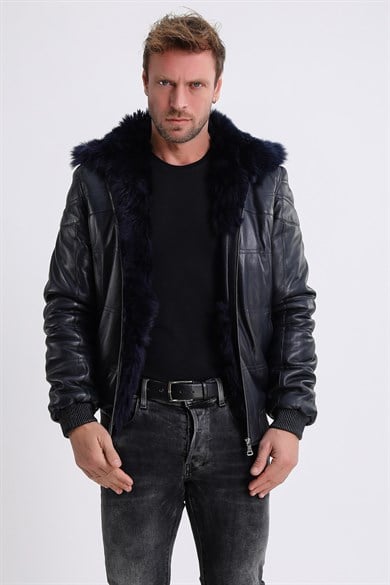 Navy Leather Coat with Toscana Fur Lining