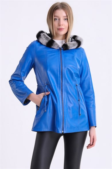 Blue Reversible Leather Coat with Rex Fur Trim