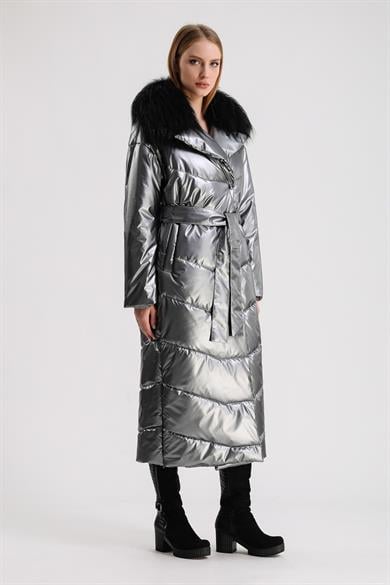 Metal Grey Puffer Coat with Fox Fur