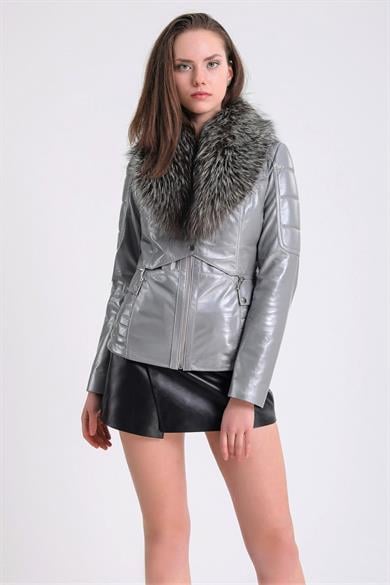 Metallic Grey Leather Jacket with Argente Fox Trim