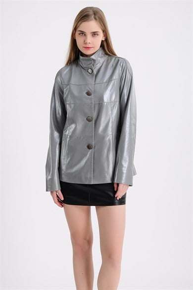 Metallic Grey Buttoned Leather Coat