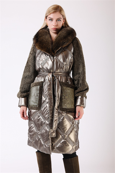 Metallic Khaki Puffer Coat with Fox Fur Accents