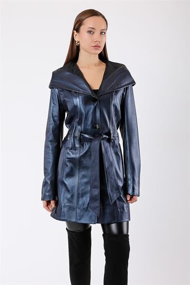 Metallic Navy Blue Hooded Genuine Leather Coat