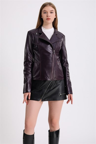 Purple Double-Breasted Leather Jacket