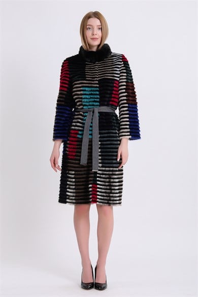 Multicolour Symmetry Coat with Mink Trim