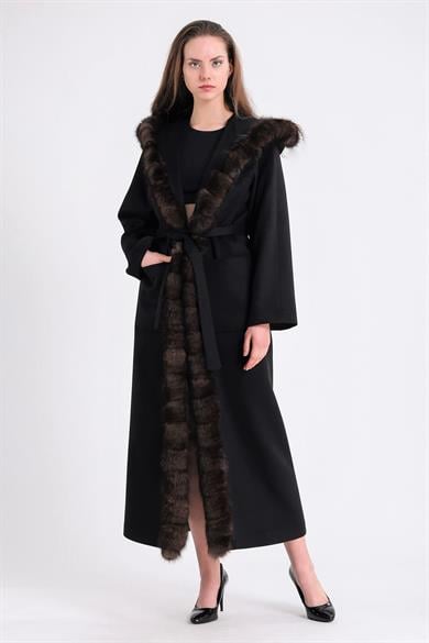 Black Cashmere Coat with Natural Sable Fur Accessory