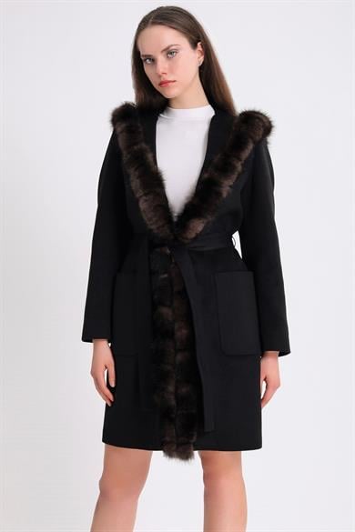 Black Cashmere Coat with Natural Sable Fur Accessory