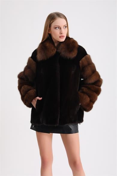 Natural Black Mink Fur Coat with Sable Trim