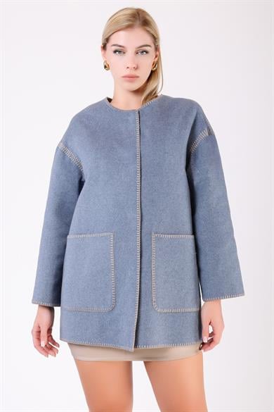 Ocean Blue Alpaca Wool Coat with Shawl Detail