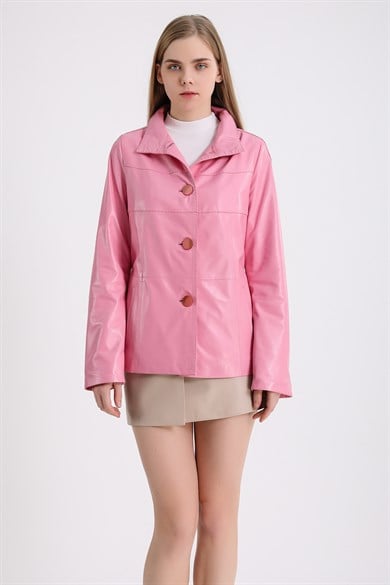 Pink Buttoned Leather Coat