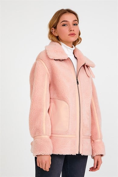 Pink Lambskin Puffer Coat with Trim