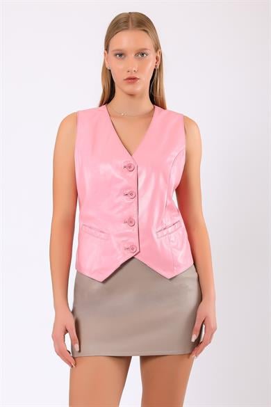 Pembe Pamela Hakiki Deri Yelek