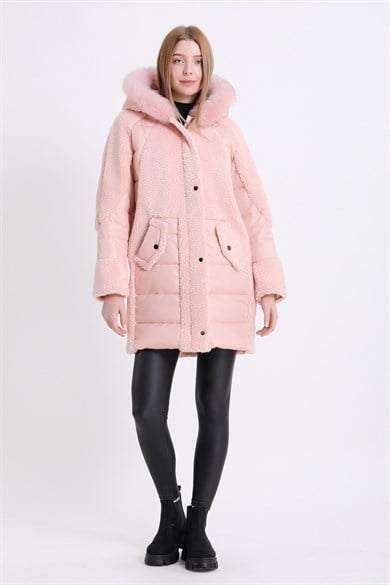 Pembe Tilki Aksesuarlı Puffer Kaban