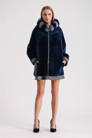 Petrol Blue Reversible Astrakhan Fur Coat with Rex Trim and Leather Detail