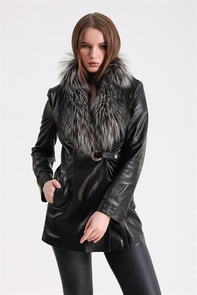 Black Arjante Leather Jacket with Fox Fur Accents and Side Buckles