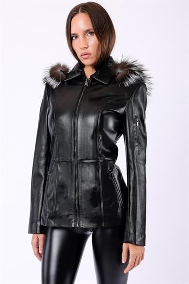 Black Genuine Leather Coat with Argente Fox Fur Trim