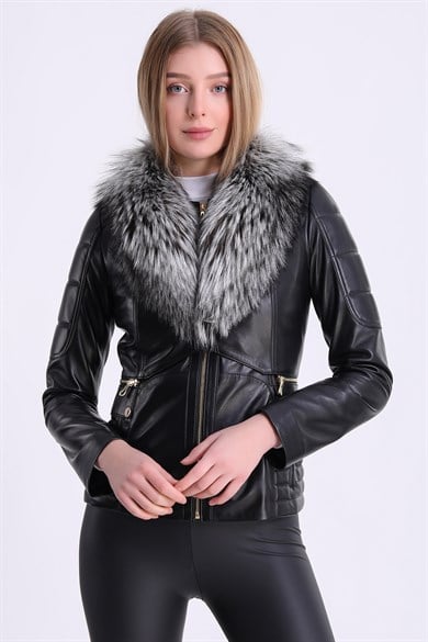 Black Lambskin Jacket with Argente Fox Fur Trim